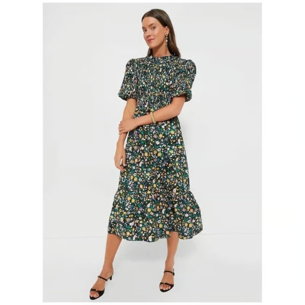 NWT Tuckernuck Hyacinth House Samantha in Black Floral Cotton Smocked Dress L